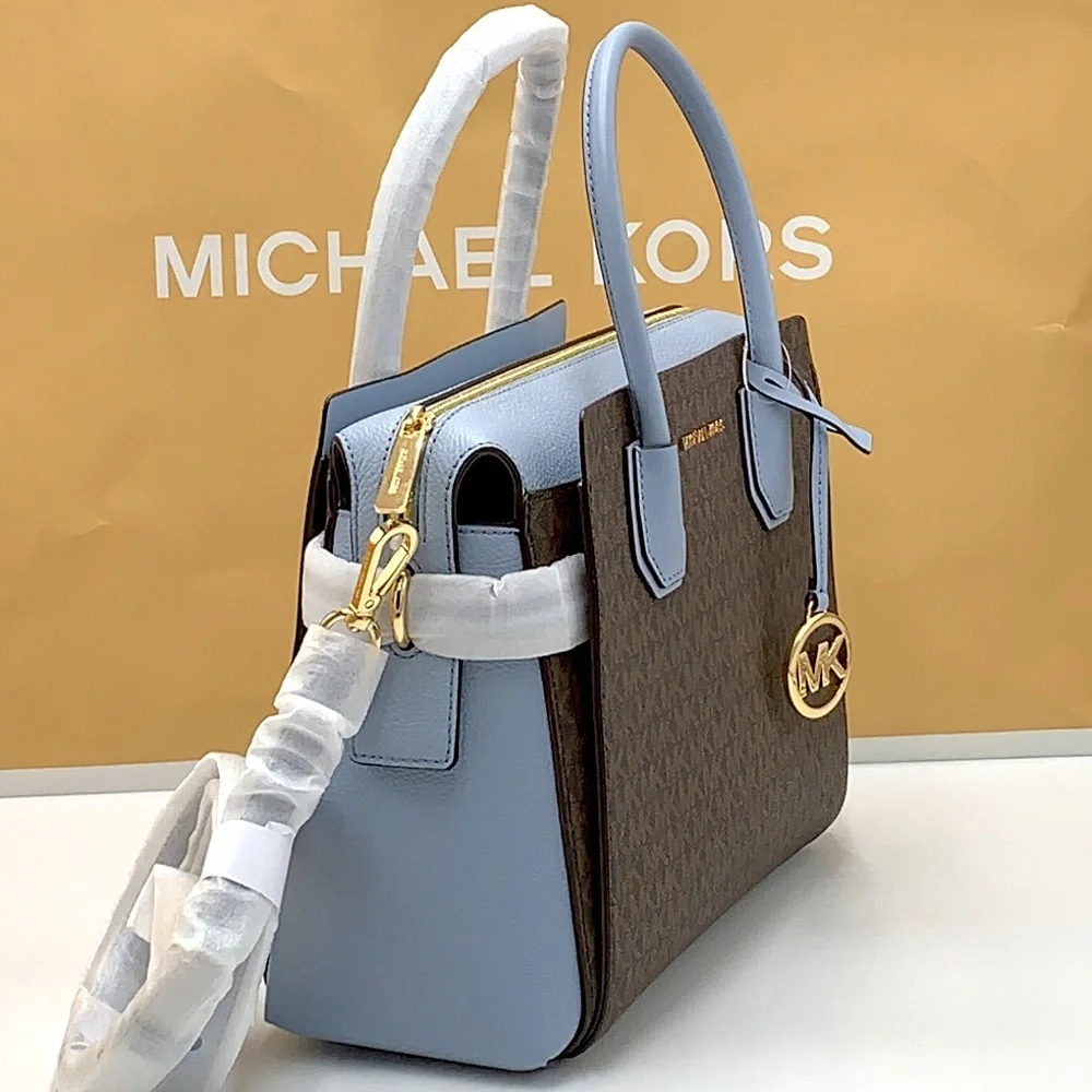 MICHAEL KORS MERCER MEDIUM TOP ZIP BELTED SATCHEL BROWN/ PALE BLUE SIGNATURE - Picture 4 of 16